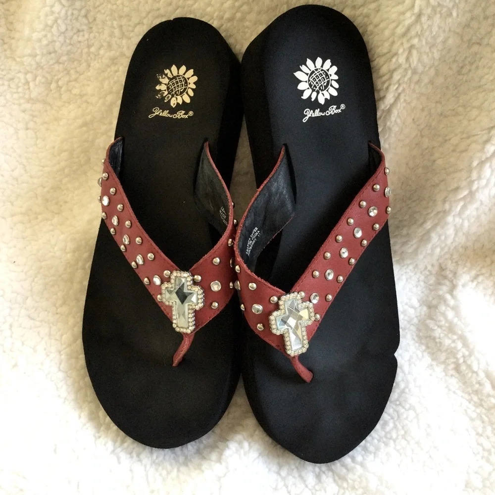 Yellow Box Leather Red Rhinestone sandals - Picture 1 of 3